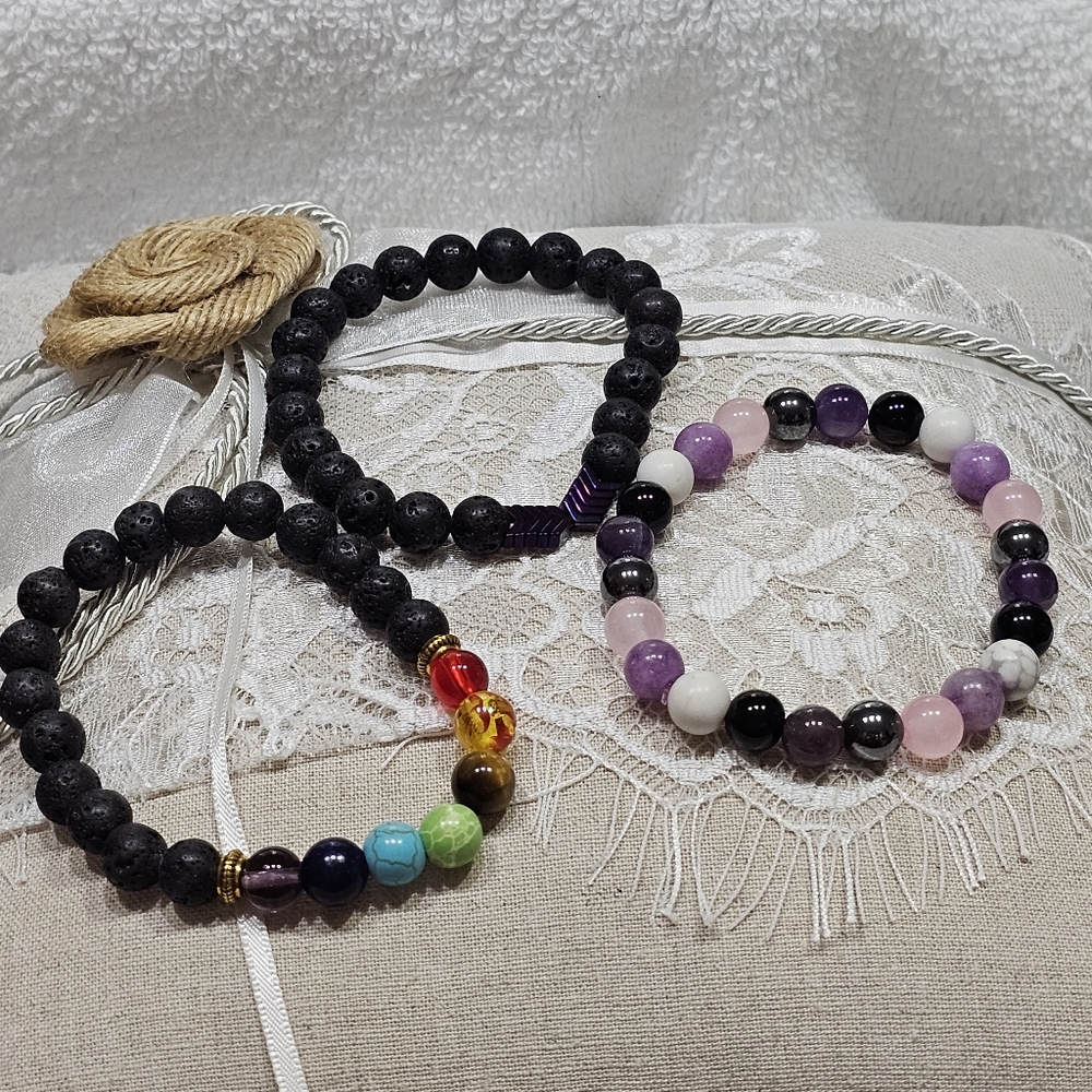 Set of Bracelets with Gemstone, Lava Rock, and Crystals - Picture 2 of 8